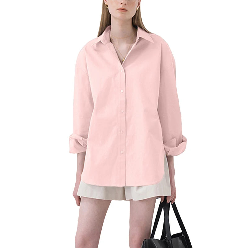 100% Cotton Loose Shirt Women Elegant Casual Turn-Down Collar Long Sleeve Blouse