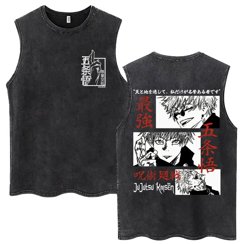 Anime Jujutsu Kaisen Satoru Gojo Vintage Wash Tank Tops Men Women Classic Manga Cotton T Shirt Fashion Loose Sleeveless T-Shirt