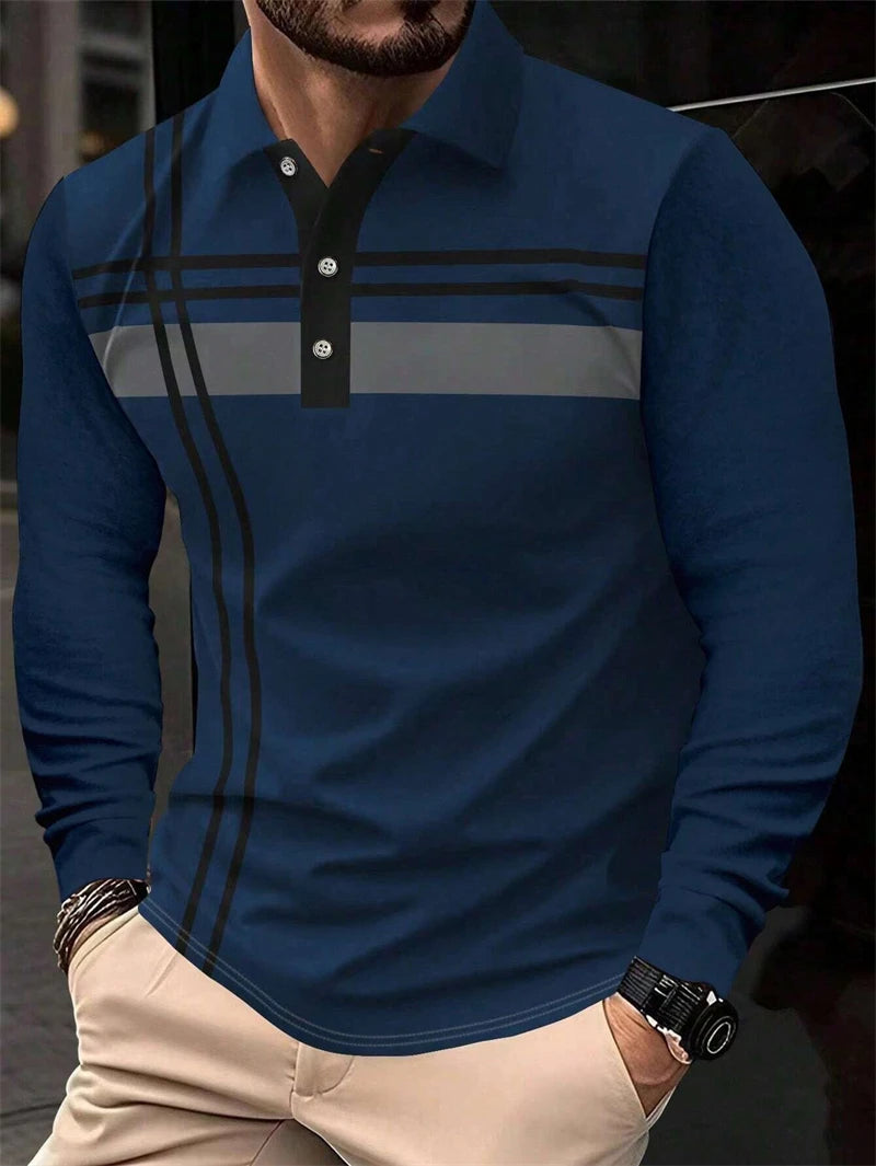 Simple Striped Graphic Polo Shirts For Men Summer Casual Long Sleeve 3D Printed Business Polo Shirt Loose Breathable Tees Tops