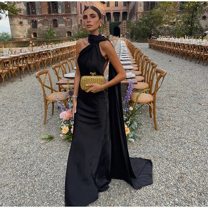 Satin Ribbon Halter Long Dresses Women's Backless Casual Maxi Dress Evening Wedding Guest White Blue Green Summer Graduation New