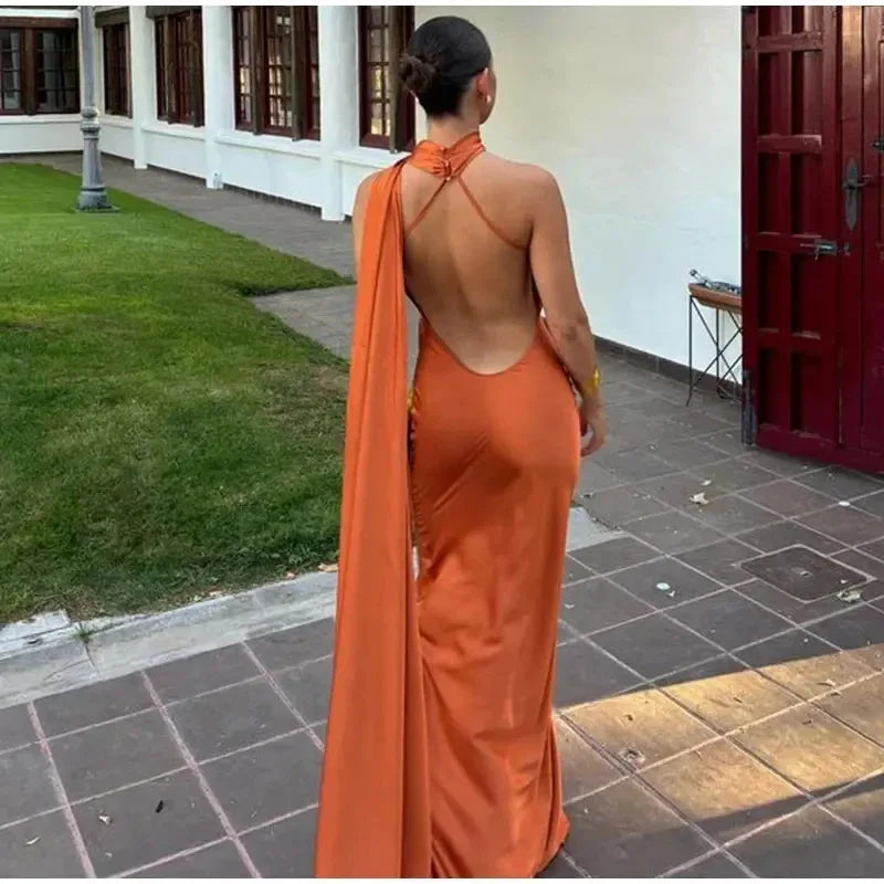 Satin Ribbon Halter Long Dresses Women's Backless Casual Maxi Dress Evening Wedding Guest White Blue Green Summer Graduation New