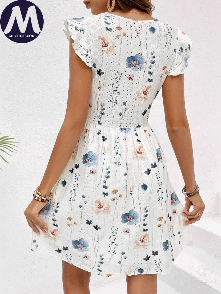 Elegant Sleeveless V Neck Mini Dress for Women Casual Summer Print Fashion Slim Fit Lace Stretch Elegant Dresses