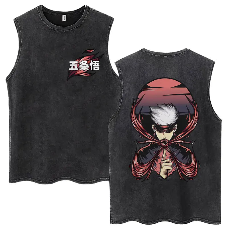 Anime Jujutsu Kaisen Satoru Gojo Vintage Wash Tank Tops Men Women Classic Manga Cotton T Shirt Fashion Loose Sleeveless T-Shirt