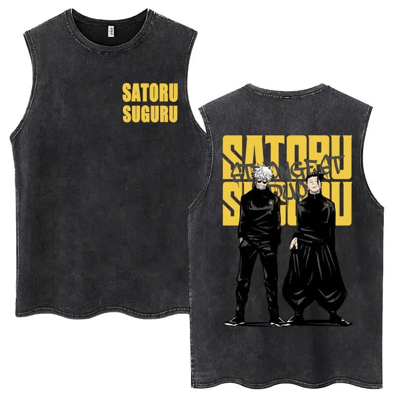 Anime Jujutsu Kaisen Satoru Gojo Vintage Wash Tank Tops Men Women Classic Manga Cotton T Shirt Fashion Loose Sleeveless T-Shirt