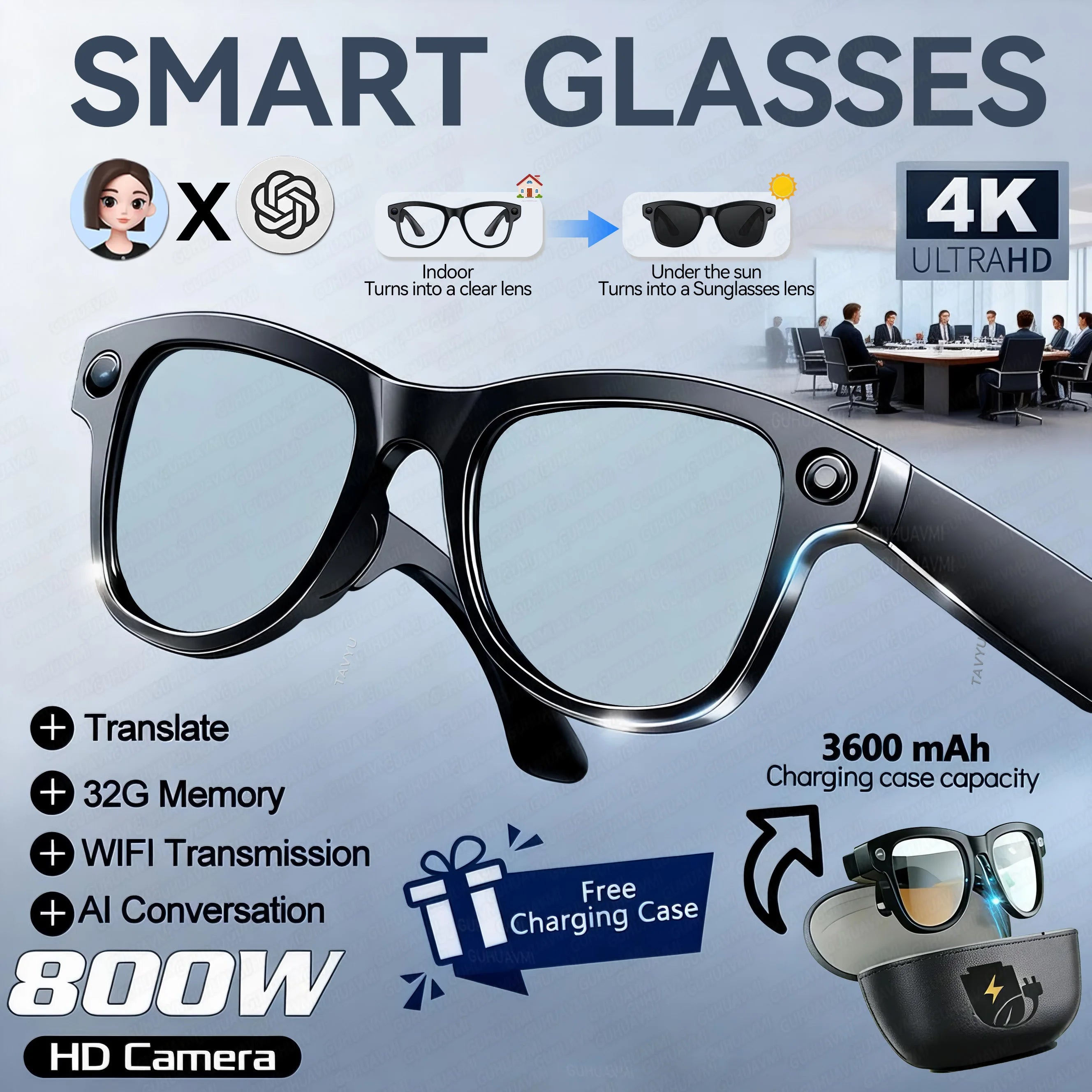 2026 Smart AI Glasses 1080P HD Camera M02 Ultra ChatGPT 3600mAh Charging Case Power Bank 32GB Translation Music Video Sunglasses