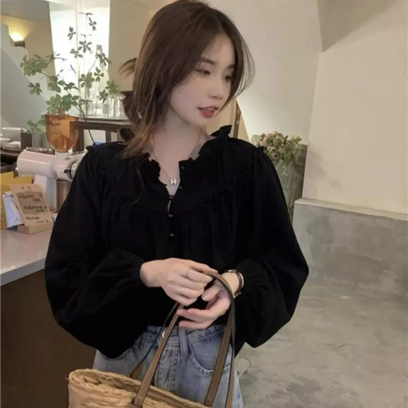 French Style Retro Puff Sleeve Blouse for Women Korean Fashion Spliced Ruffles Chiffon Shirt Ladies Elegant Chic Design Shirts