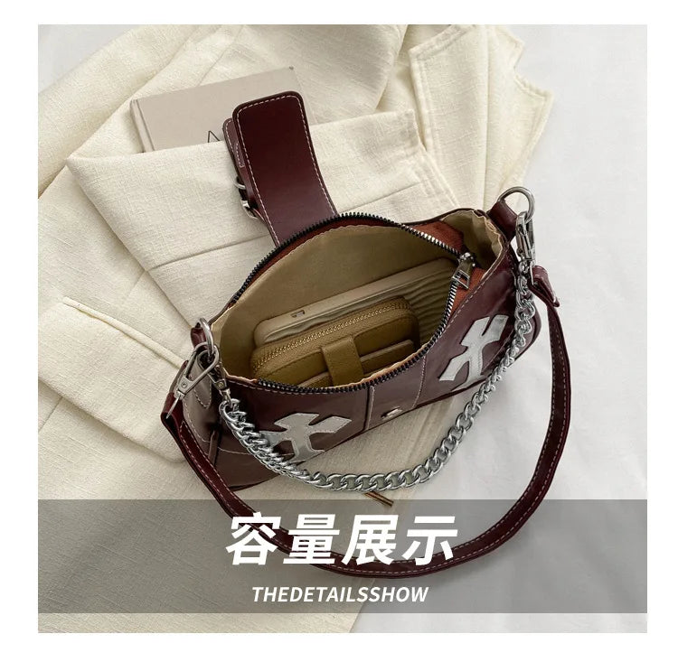 Cool Chain Y2k Girls Underarm Bags Simple Pu Leather Women's Small Shoulder Bag Fashion Retro Female Clutch Handbags Purse