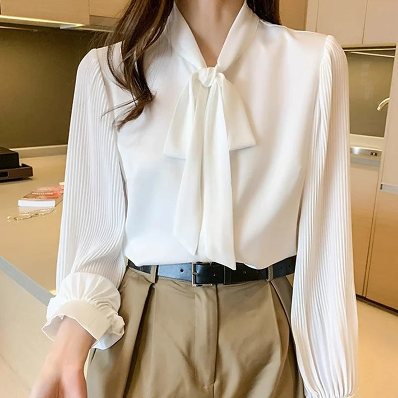 New Pleated Sleeve Chiffon Blouse Women Spring Summer Chic Design Bowknot Lace-Up Long Sleeve Shirt Simple Professional Clothing