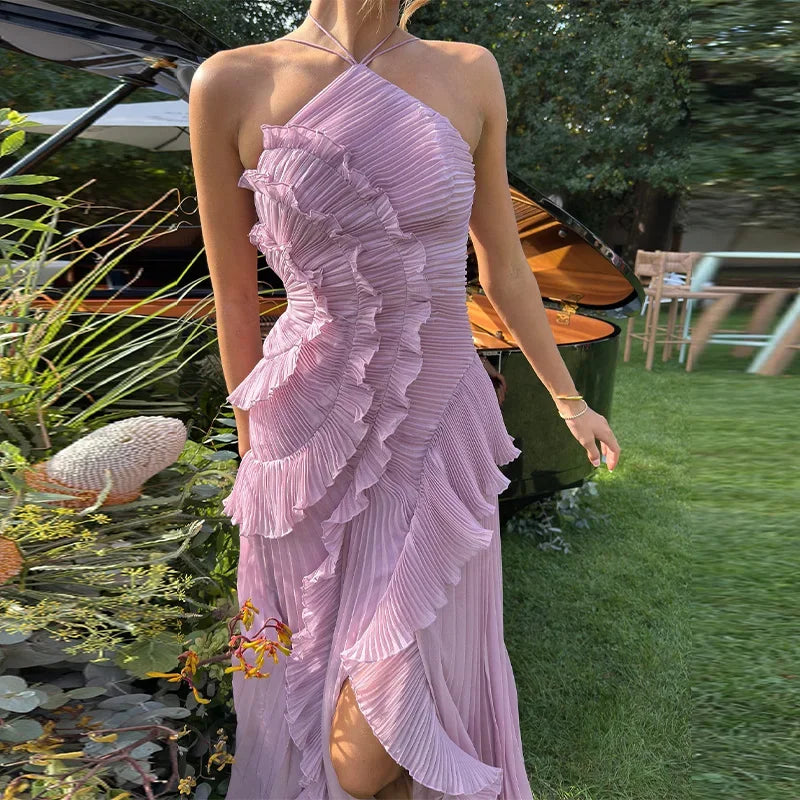 Gown Neck Strap Irregular Long Dress For Women Ruffle Sleeveless High Waist Backless Dresses 2025 New Summer Elegant Party Y2k