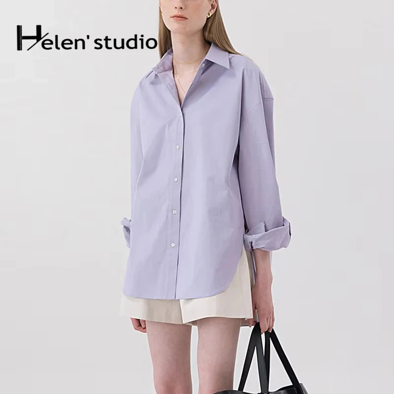 100% Cotton Loose Shirt Women Elegant Casual Turn-Down Collar Long Sleeve Blouse