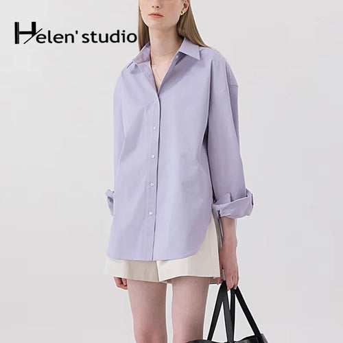100% Cotton Loose Shirt Women Elegant Casual Turn-Down Collar Long Sleeve Blouse