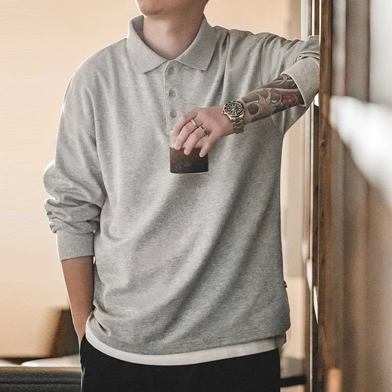 Maden Spring Vintage Oversize Polo Shirts for Men Business Casual Solid Color Long Sleeve T-shirt Stylish Lapel Plain Tops