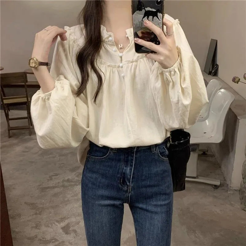 French Style Retro Puff Sleeve Blouse for Women Korean Fashion Spliced Ruffles Chiffon Shirt Ladies Elegant Chic Design Shirts