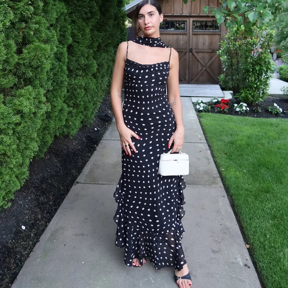 Tuularose Elegant Polka Dot Long Dress Summer Scarf Ribbon Ruffle Halter Pleated Dress Luxury Sleeveless Women's Evening Dresses