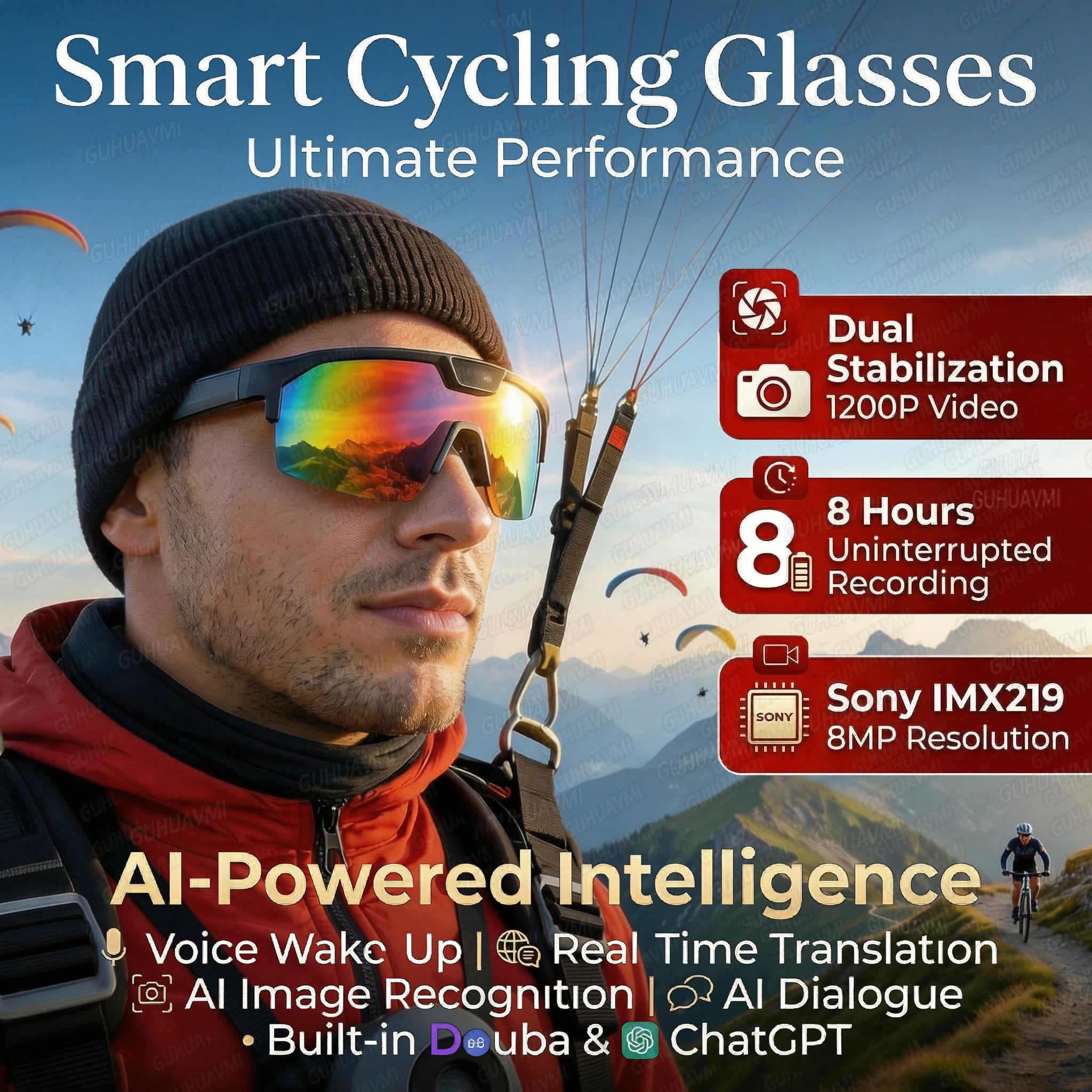 2026 New AI Smart Sports Glasses with 1200P Camera 4k Anti-Shake AI Voice Translator Bluetooth Call Dual Mic Audio Sunglasses
