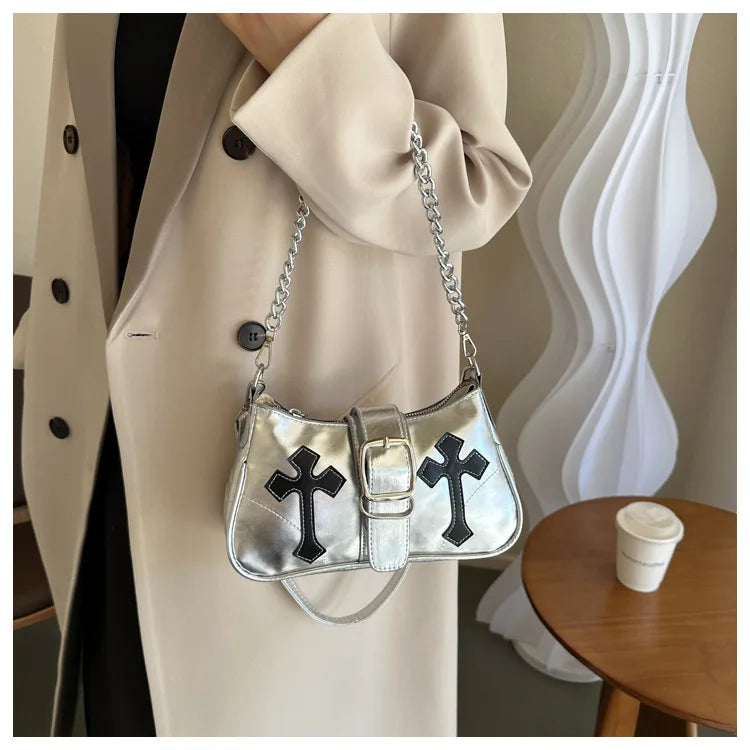 Cool Chain Y2k Girls Underarm Bags Simple Pu Leather Women's Small Shoulder Bag Fashion Retro Female Clutch Handbags Purse
