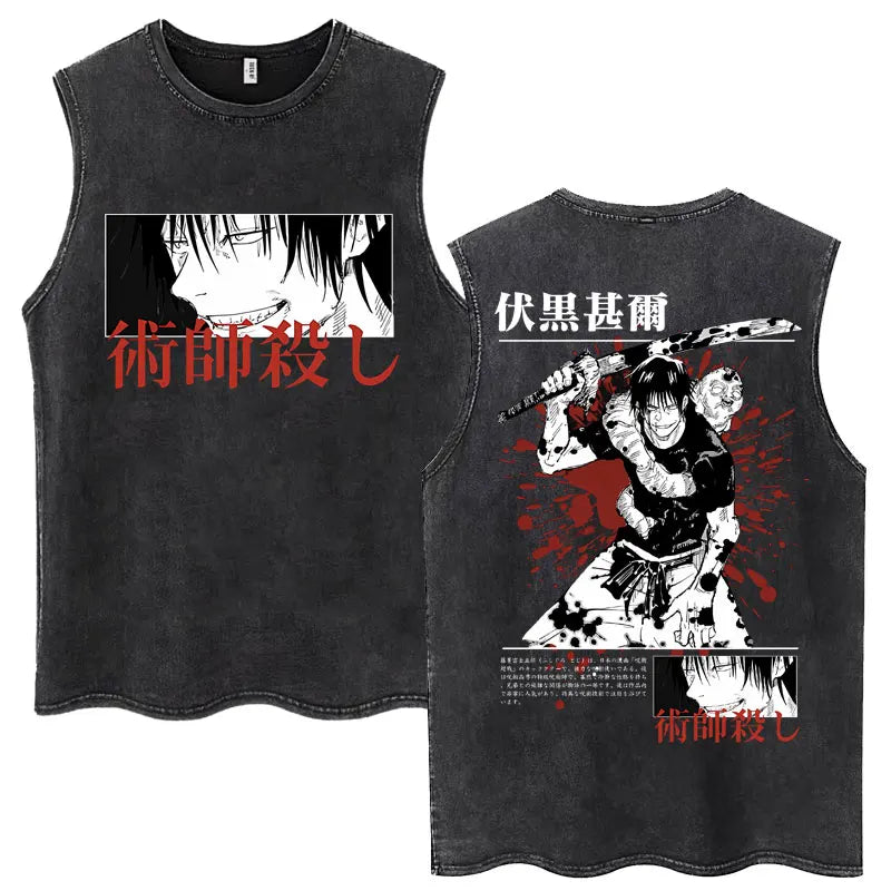 Anime Jujutsu Kaisen Satoru Gojo Vintage Wash Tank Tops Men Women Classic Manga Cotton T Shirt Fashion Loose Sleeveless T-Shirt