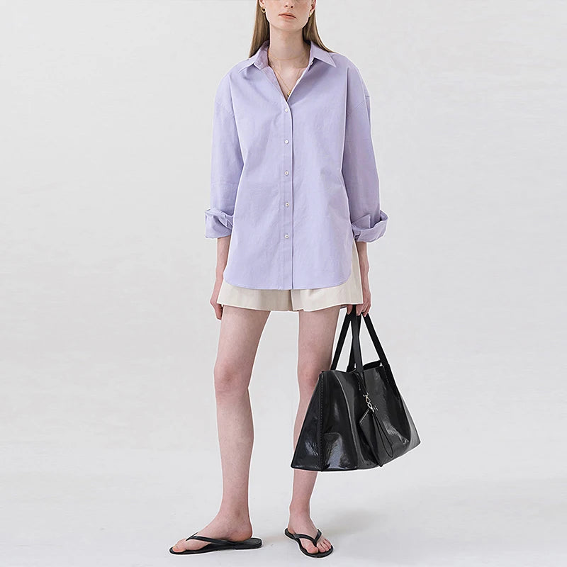 100% Cotton Loose Shirt Women Elegant Casual Turn-Down Collar Long Sleeve Blouse