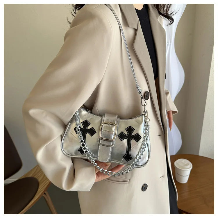 Cool Chain Y2k Girls Underarm Bags Simple Pu Leather Women's Small Shoulder Bag Fashion Retro Female Clutch Handbags Purse
