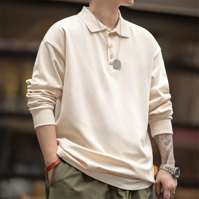 Maden Spring Vintage Oversize Polo Shirts for Men Business Casual Solid Color Long Sleeve T-shirt Stylish Lapel Plain Tops