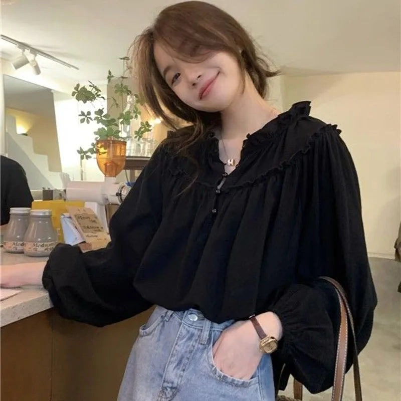 French Style Retro Puff Sleeve Blouse for Women Korean Fashion Spliced Ruffles Chiffon Shirt Ladies Elegant Chic Design Shirts