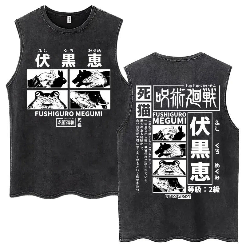 Anime Jujutsu Kaisen Satoru Gojo Vintage Wash Tank Tops Men Women Classic Manga Cotton T Shirt Fashion Loose Sleeveless T-Shirt