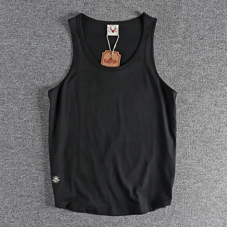 Summer New American Sleeveless O-neck Solid Color T-shirt Men's Fashion 100% Cotton Washed Casual Sports Fitness Basketball Vest