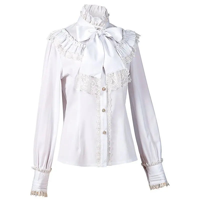 Women's Vintage Ruffle Collar Shirt 2026 Spring New Arrival High Neck Lace Trim Button Down Shirt Elegant Gothic Blouse Tops