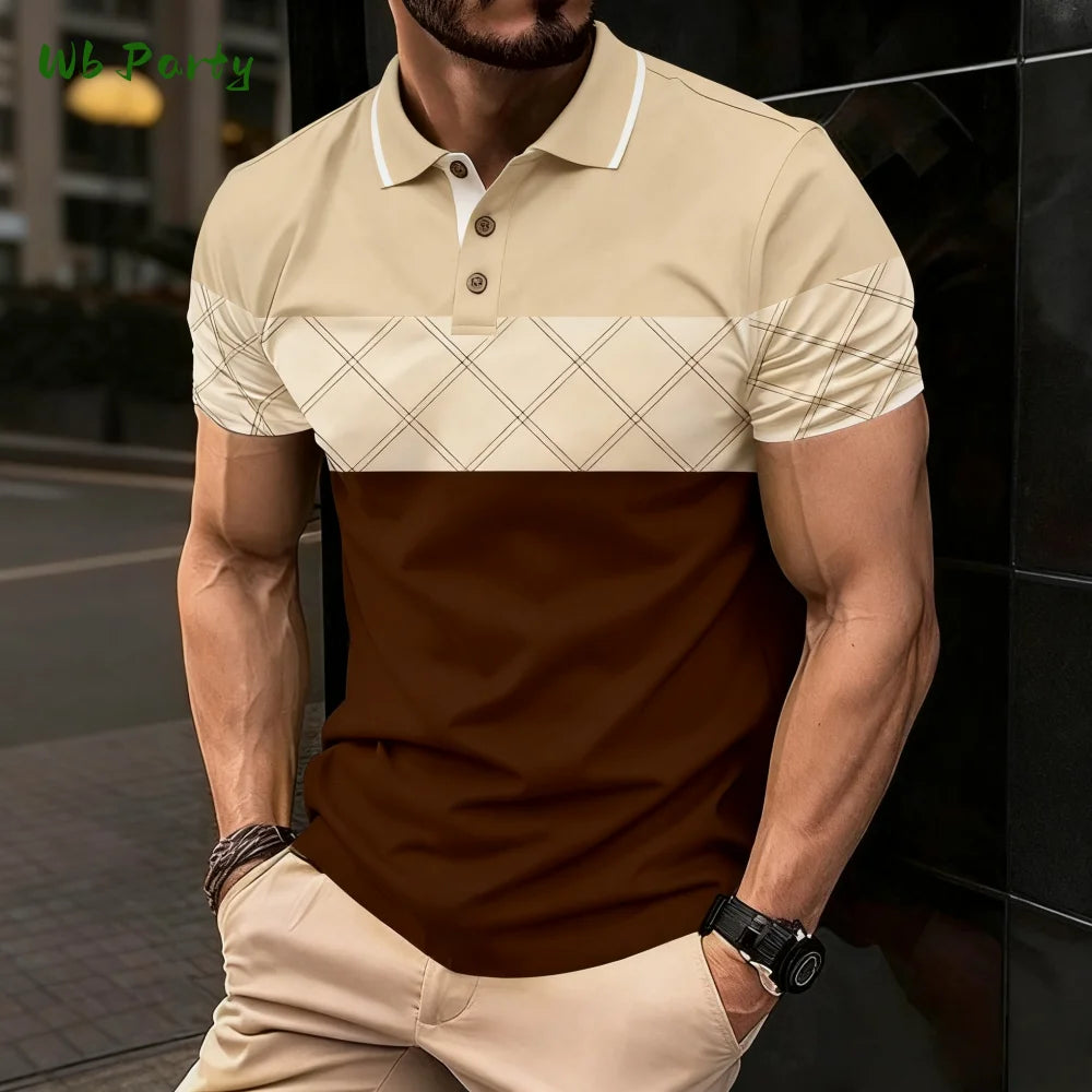 Summer Men's Polo Men's Casual Short Sleeve Polo Shirt Striped Color Block Design Sporty Polo Style Collared Polo Shirts for Man