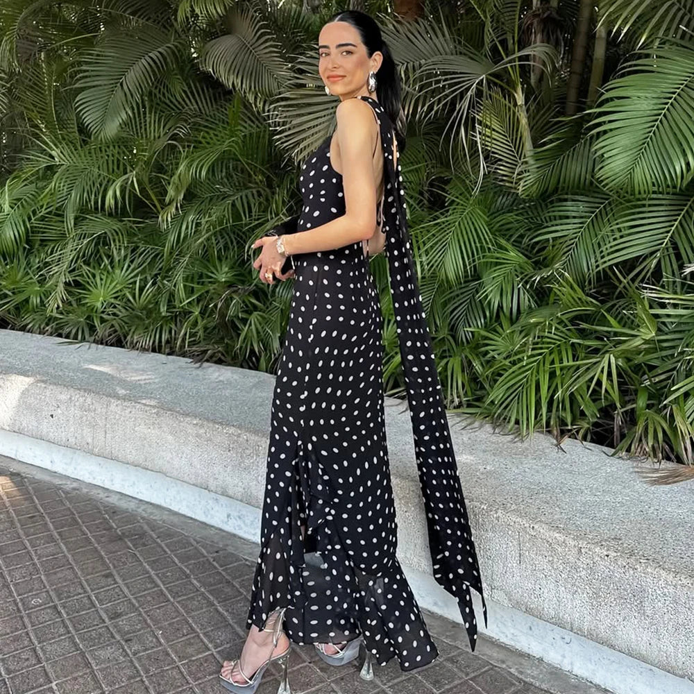 Tuularose Elegant Polka Dot Long Dress Summer Scarf Ribbon Ruffle Halter Pleated Dress Luxury Sleeveless Women's Evening Dresses