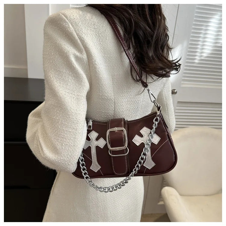 Cool Chain Y2k Girls Underarm Bags Simple Pu Leather Women's Small Shoulder Bag Fashion Retro Female Clutch Handbags Purse