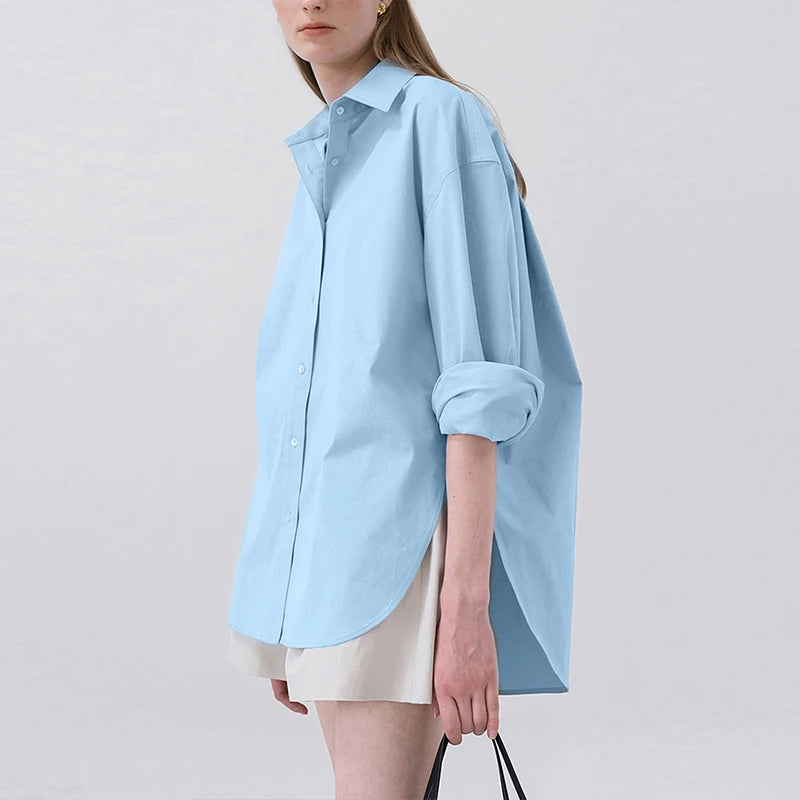 100% Cotton Loose Shirt Women Elegant Casual Turn-Down Collar Long Sleeve Blouse