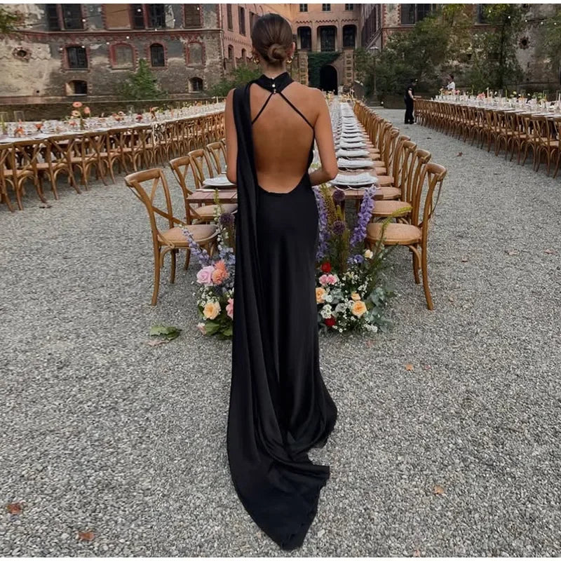 Satin Ribbon Halter Long Dresses Women's Backless Casual Maxi Dress Evening Wedding Guest White Blue Green Summer Graduation New