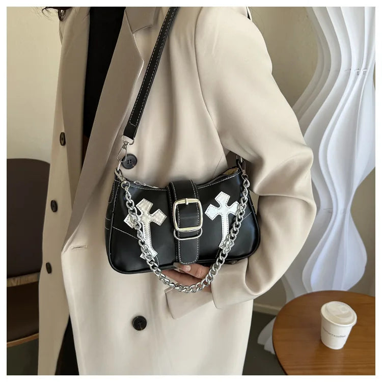 Cool Chain Y2k Girls Underarm Bags Simple Pu Leather Women's Small Shoulder Bag Fashion Retro Female Clutch Handbags Purse