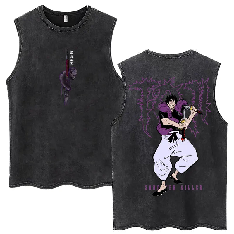 Anime Jujutsu Kaisen Satoru Gojo Vintage Wash Tank Tops Men Women Classic Manga Cotton T Shirt Fashion Loose Sleeveless T-Shirt