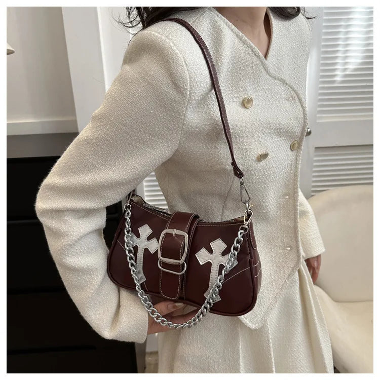Cool Chain Y2k Girls Underarm Bags Simple Pu Leather Women's Small Shoulder Bag Fashion Retro Female Clutch Handbags Purse