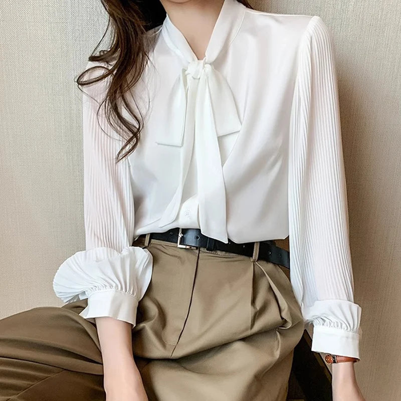New Pleated Sleeve Chiffon Blouse Women Spring Summer Chic Design Bowknot Lace-Up Long Sleeve Shirt Simple Professional Clothing