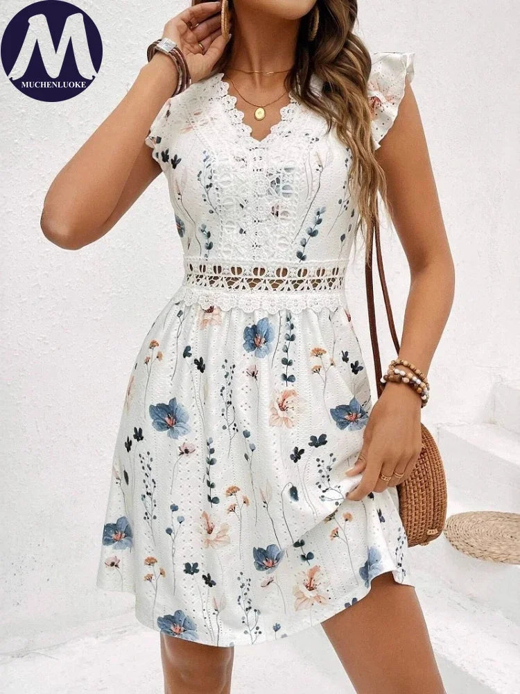 Elegant Sleeveless V Neck Mini Dress for Women Casual Summer Print Fashion Slim Fit Lace Stretch Elegant Dresses