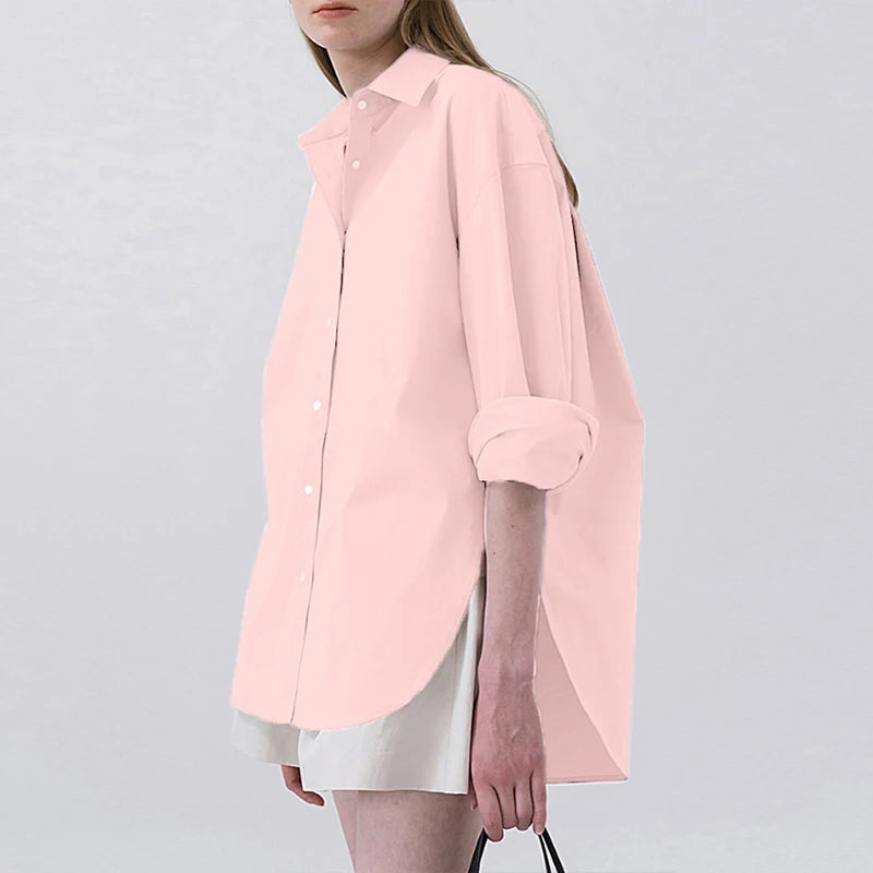 100% Cotton Loose Shirt Women Elegant Casual Turn-Down Collar Long Sleeve Blouse