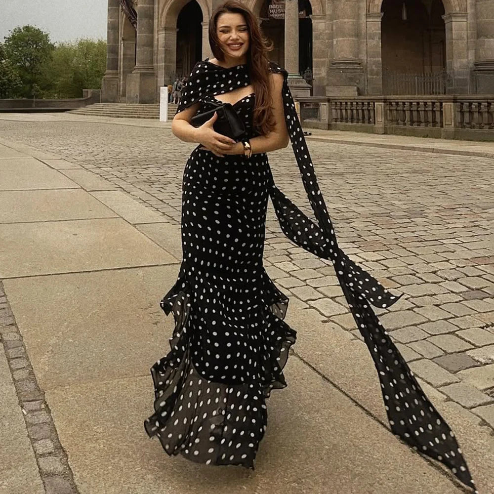 Tuularose Elegant Polka Dot Long Dress Summer Scarf Ribbon Ruffle Halter Pleated Dress Luxury Sleeveless Women's Evening Dresses