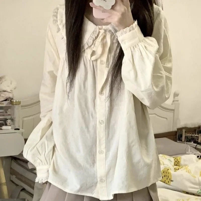 Peter Pan Collar Sweet Shirt Women Lolita Japanese Kawaii Blouse Puff Long Sleeve Elegant White Female Top Basic School Shirts