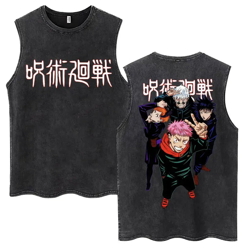 Anime Jujutsu Kaisen Satoru Gojo Vintage Wash Tank Tops Men Women Classic Manga Cotton T Shirt Fashion Loose Sleeveless T-Shirt