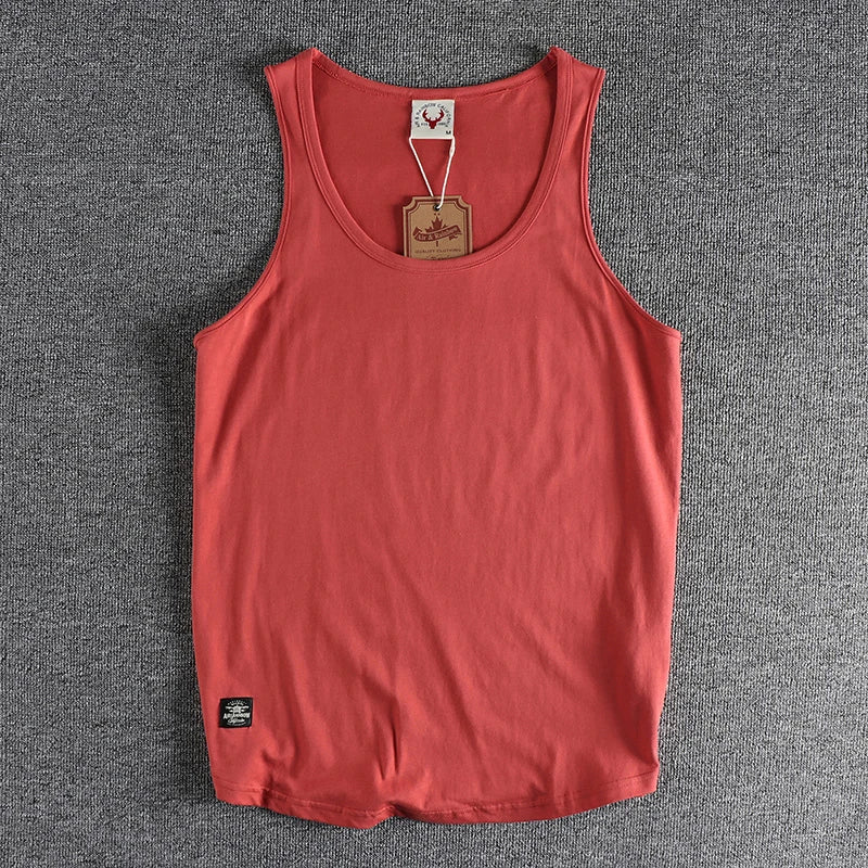 Summer New American Sleeveless O-neck Solid Color T-shirt Men's Fashion 100% Cotton Washed Casual Sports Fitness Basketball Vest