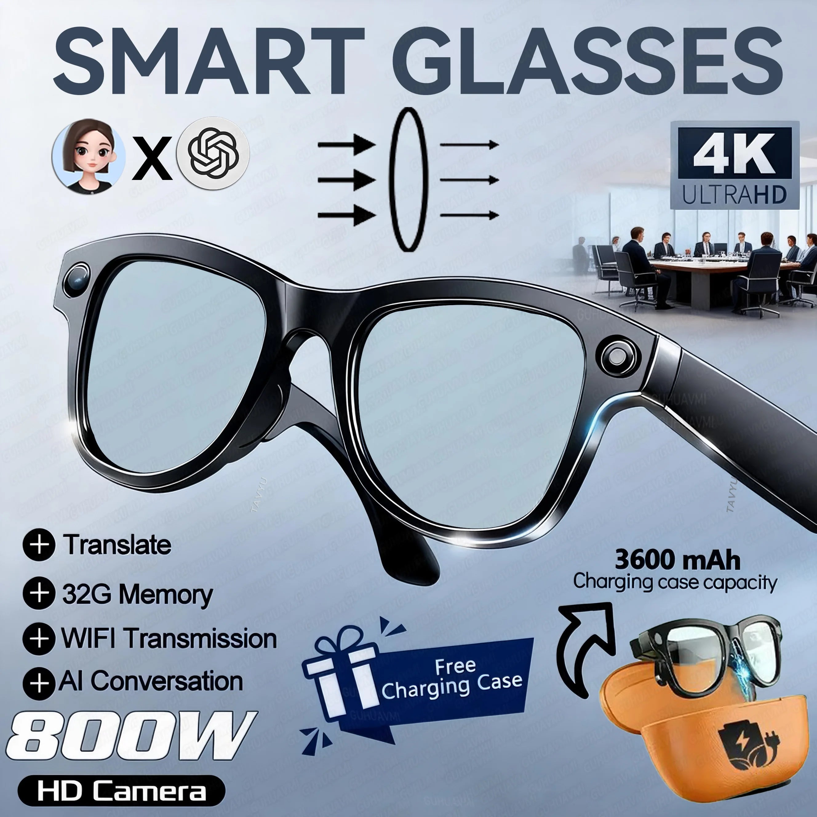 2026 Smart AI Glasses 1080P HD Camera M02 Ultra ChatGPT 3600mAh Charging Case Power Bank 32GB Translation Music Video Sunglasses