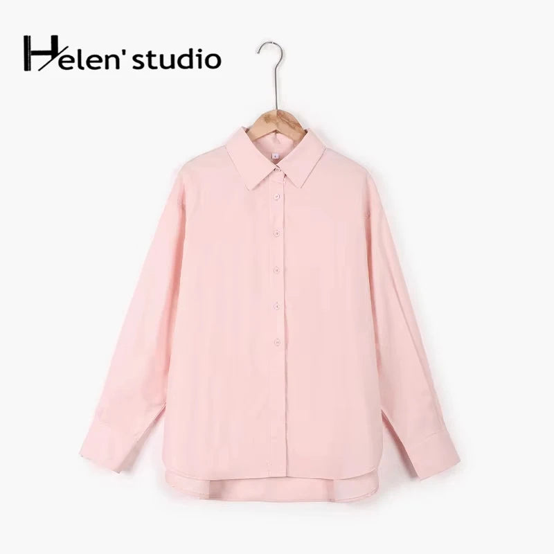 100% Cotton Loose Shirt Women Elegant Casual Turn-Down Collar Long Sleeve Blouse