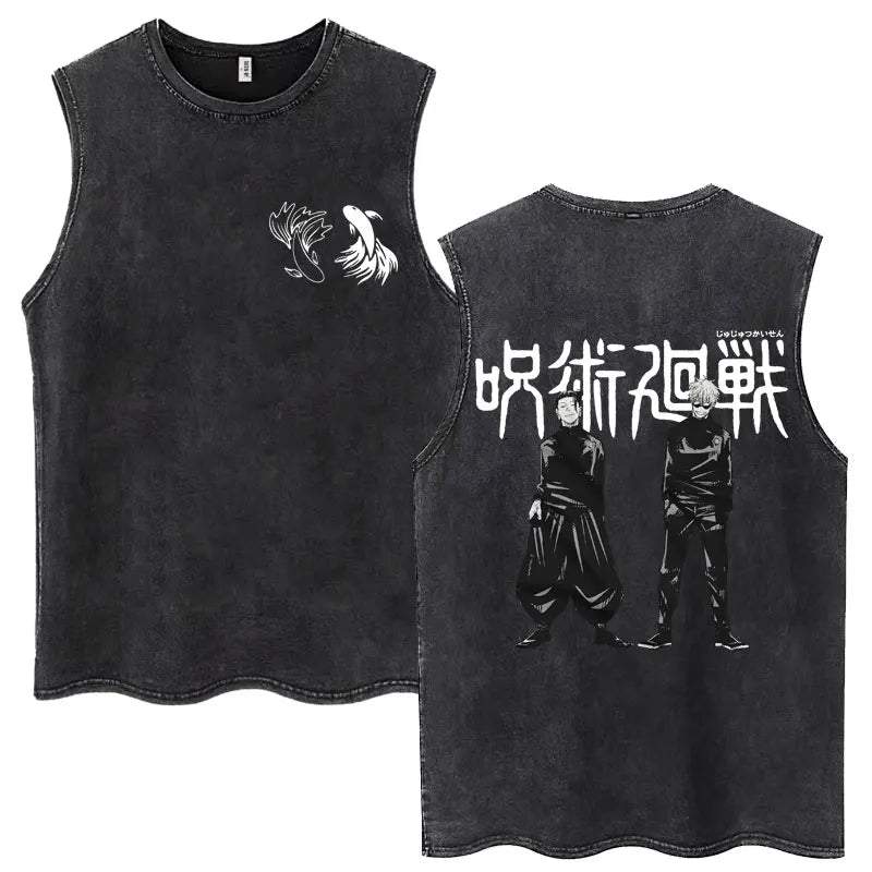 Anime Jujutsu Kaisen Satoru Gojo Vintage Wash Tank Tops Men Women Classic Manga Cotton T Shirt Fashion Loose Sleeveless T-Shirt