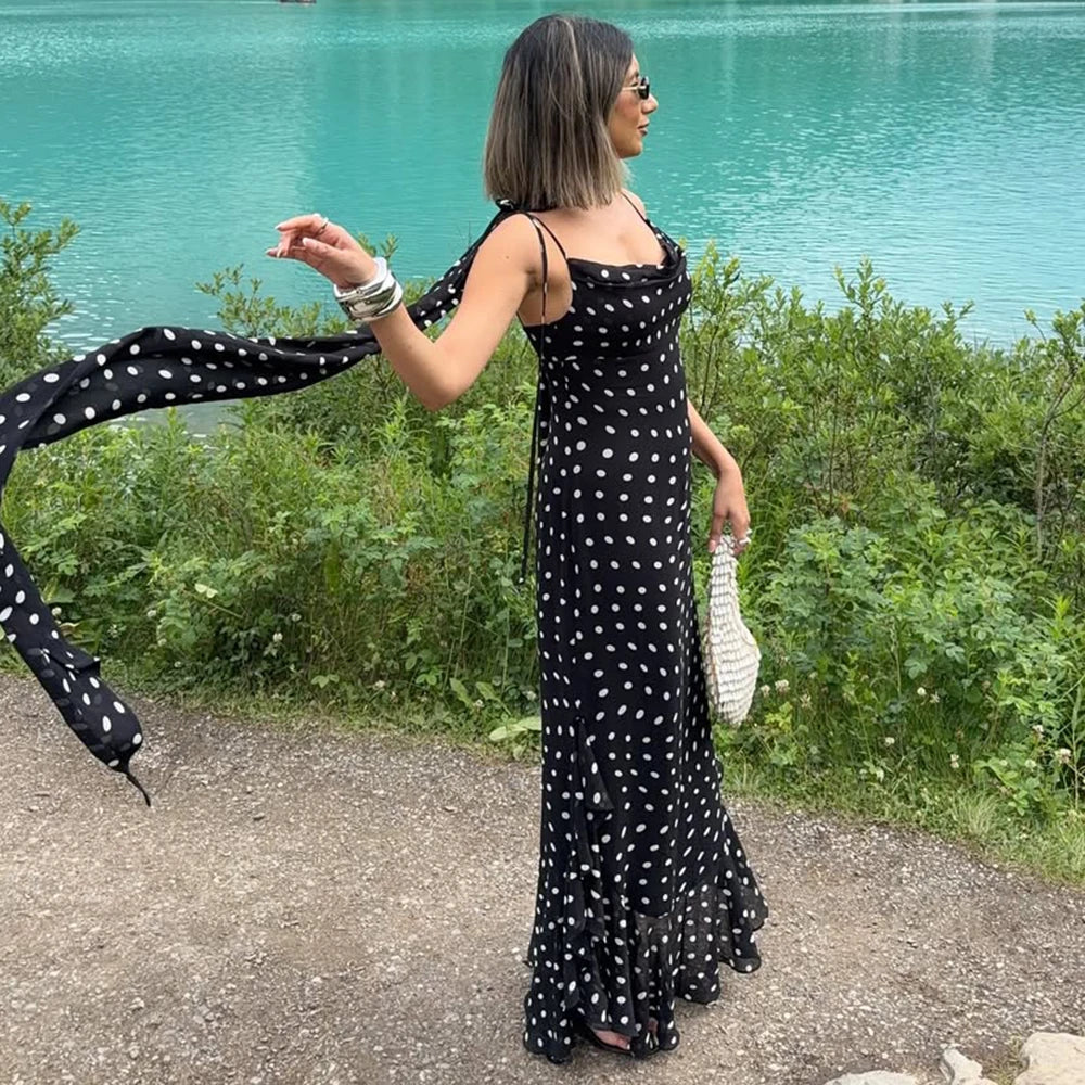 Tuularose Elegant Polka Dot Long Dress Summer Scarf Ribbon Ruffle Halter Pleated Dress Luxury Sleeveless Women's Evening Dresses