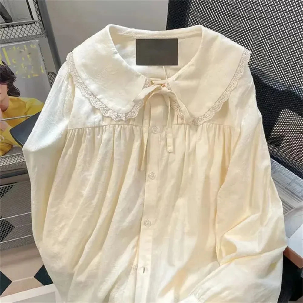 Peter Pan Collar Sweet Shirt Women Lolita Japanese Kawaii Blouse Puff Long Sleeve Elegant White Female Top Basic School Shirts