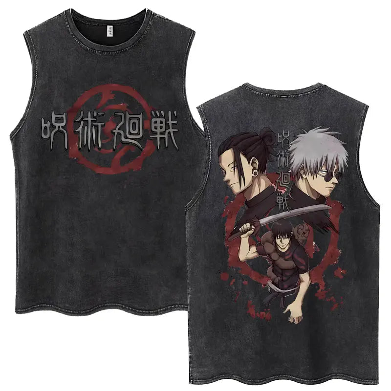 Anime Jujutsu Kaisen Satoru Gojo Vintage Wash Tank Tops Men Women Classic Manga Cotton T Shirt Fashion Loose Sleeveless T-Shirt