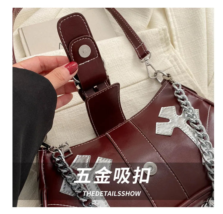Cool Chain Y2k Girls Underarm Bags Simple Pu Leather Women's Small Shoulder Bag Fashion Retro Female Clutch Handbags Purse
